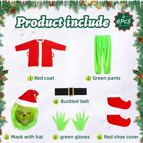 Vista 5 de WANFUY 6PCS Green Big Monster Costume For Adult Kids Deluxe Christmas Santa Costume With Mask Christmas Cosplay Costume