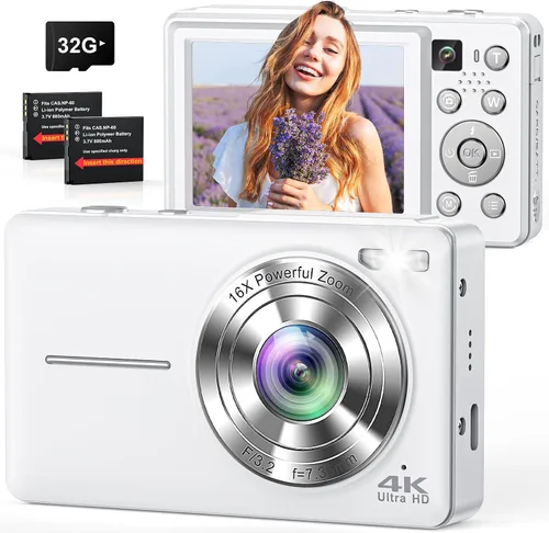 Vista 10 de Cámara digital 4K, cámara compacta de punto y disparo con enfoque automático, cámara dual, flash, zoom 16X, tarjeta de 32GB, cámaras de 64MP