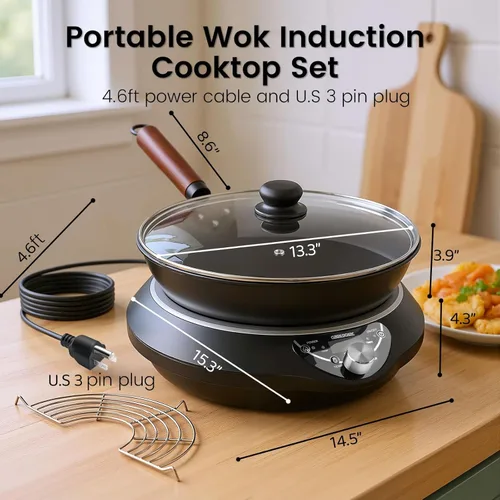 Vista 5 de Set de encimera de wok de inducción GastroGear, sartén eléctrica nueva y mejorada de 2025 con quemador de inducción, wok de acero al carbono, tapa