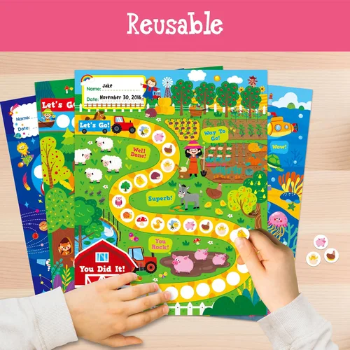 Vista 4 de 4 gráficos de incentivos con 3300 calcomanías reutilizables, tabla de recompensas con temática de bosque/granja/océano/espacio para aula, hogar