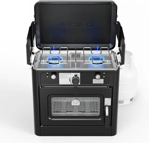 Vista 10 de ROVSUN Estufa de campamento de propano de 20000 BTU con adaptador, 2 quemadores de mesa portátil de propano con mango integrado y panel de viento