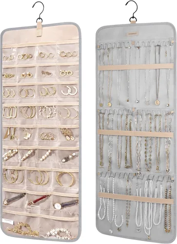 Vista 9 de BAGSMART Organizador de joyas colgante con rollo de almacenamiento y ganchos metálicos de doble cara para aretes, collares, anillos en armario, Negro