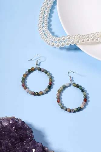 Vista 2 de Jovivi Aretes de cuentas de cuarzo rosa de amatista con cristales curativos de piedras naturales reales y piedras preciosas colgantes de aro