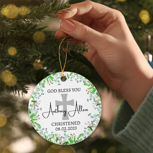 Vista 4 de Adorno de Navidad con texto en inglés "God Bless You Christened 2025", adorno de bautizo personalizado, adorno de bautizo personalizado con nombre