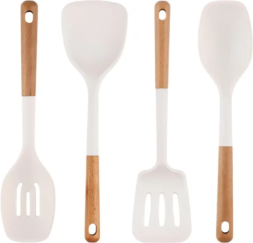 Vista 8 de Juego de 4 utensilios de cocina de silicona, juego de utensilios de cocina grandes antiadherentes con mango de madera, grado alimenticio, resistente