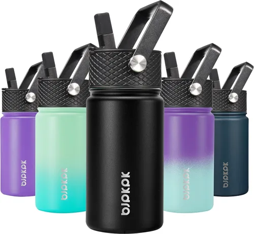 Vista 83 de BJPKPK Botella de agua con tapa con pajilla, botella de agua aislada de 15 onzas, botellas de agua de metal de acero inoxidable, termo reutilizable
