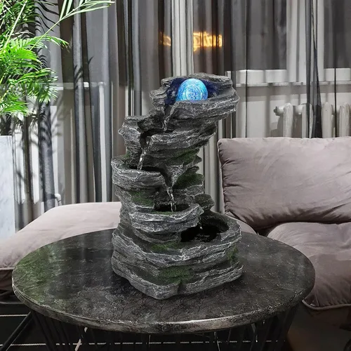 Vista 4 de WICHEMI Fuente de agua de mesa, fuente de agua para interiores con bola rodante LED, rocas apiladas, función de agua, meditación zen para decoración