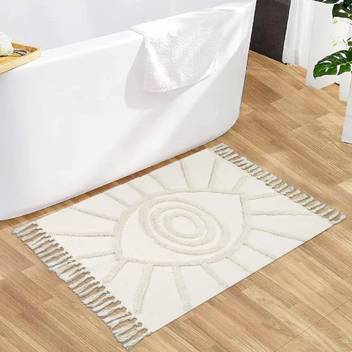 Vista 6 de Uphome - Alfombras de baño boho de 2 x 3 pies, color beige, con protección contra el mal de ojo, tul con borlas, suave, lavable a máquina