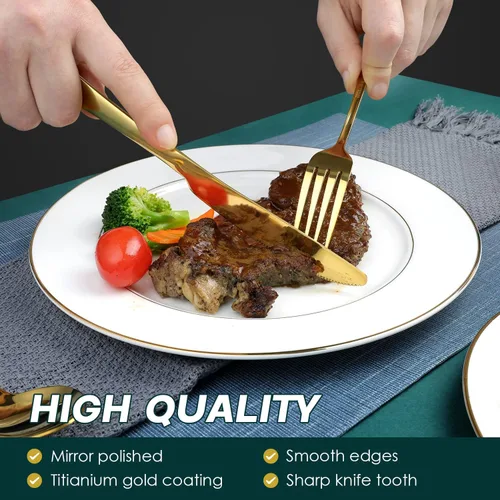 Vista 5 de OGORI - Juego de cubiertos dorados de 24 piezas de acero inoxidable de grado alimenticio, juego de utensilios de cocina para 6, vajilla pulida
