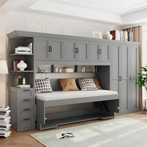 Vista 26 de Cama Murphy de Pared Tamaño Queen con Escritorio en Forma de L, Sofá de 2 Asientos y Luz, Marco de Cama Murphy Tradicional de Madera Maciza