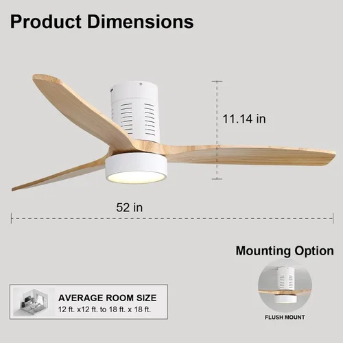Vista 5 de Sofucor Ventiladores de techo de 52 pulgadas con luces y control remoto, moderno ventilador de techo de madera de perfil bajo, regulable LED, motor