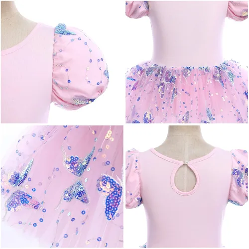Vista 6 de Leotardos de ballet para niñas, 4 colores, mariposa, lentejuelas brillantes, vestido tutú de baile, manga abombada, ojo de cerradura en la espalda