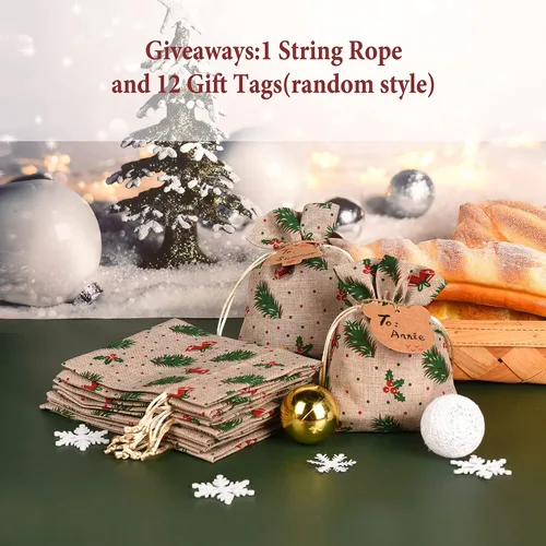 Vista 2 de XCFWin Paquete de 12 bolsas de regalo de Navidad con cordón, diseños reutilizables para suministros de fiesta de Navidad