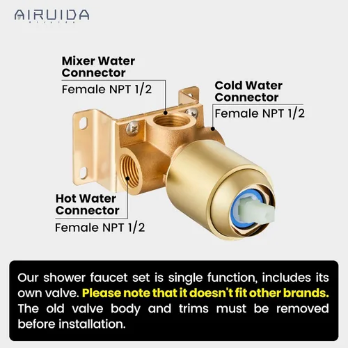 Vista 2 de Airuida Kit de Acabado de Válvula de Ducha de Una Sola Manija – Válvula de Instalación Empotrada de Latón para Montaje en Pared con Conexión