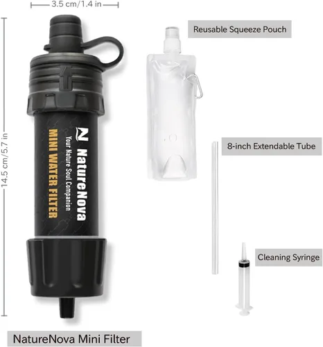 Vista 7 de Mini Filtro de Agua NatureNova Sistema Portátil de Filtración de Agua de Emergencia para Senderismo, Camping, Popote, Equipo de Supervivencia