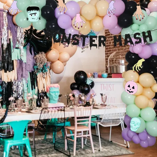 Vista 3 de Kit de arco de guirnalda de globos de monstruo de Halloween, globos negros, morados, verdes con globos de papel de aluminio, pancarta de monstruo