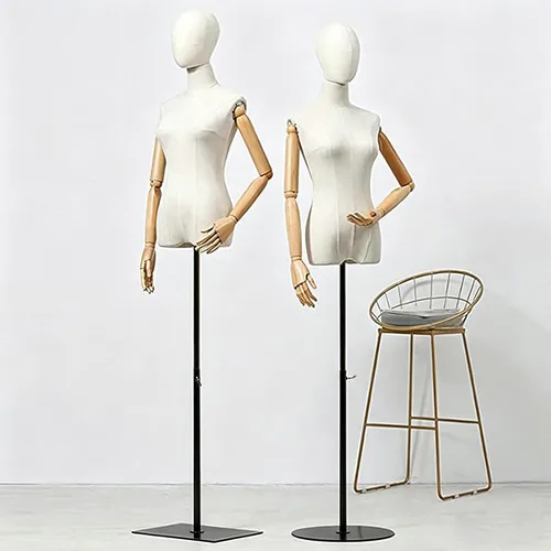 Vista 7 de Vestido de maniquí femenino con forma de torso, cuerpo de maniquí de exhibición con cabeza desmontable, manos de madera y soporte dorado de altura