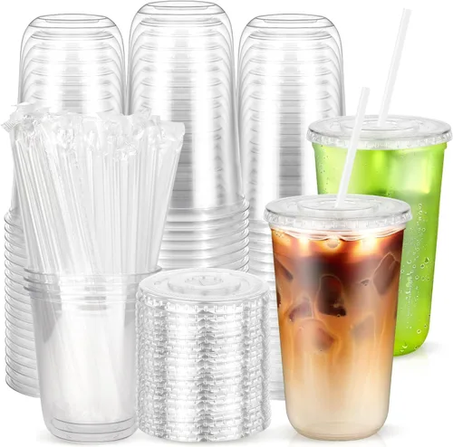 Vista 17 de Paquete de 25 vasos desechables de plástico transparente con tapas y pajitas, tazas de café helado de fondo redondo de 12 onzas, tazas de bebidas