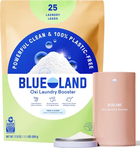 Vista 15 de BLUELAND Oxi - Polvo potenciador de ropa con lata, juego de iniciación, aroma Clear Skies, 25 cargas, 17.6 onzas, sin plástico, ecológico, limpiador