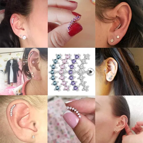 Vista 5 de ZS Curve Seven Stud CZ Aretes de acero inoxidable 316L para oreja, hélice, caracola, cartílago, piercing
