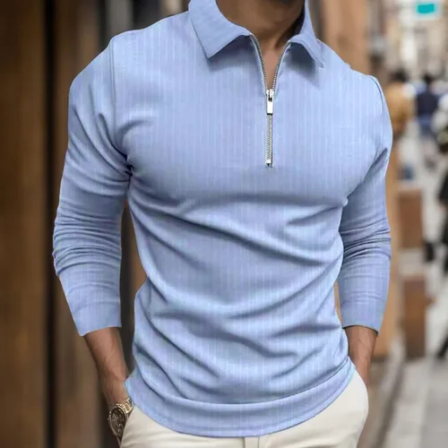 Vista 2 de Mens Long Sleeve Polo Shirts Casual Zipper Printed Athletic Golf Tennis T-Shirt Tops Fashion Solid Color Polo Sweater