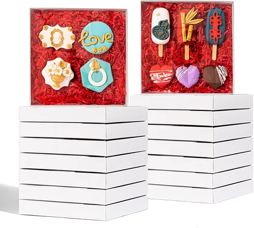 Vista 7 de RomanticBaking - Paquete de 24 cajas de galletas de 8 x 8 x 1.5 pulgadas Cakesicle Cajas cubiertas de chocolate para pretzel, cajas de panadería