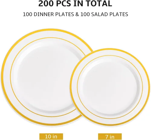 Vista 2 de AOZITA Juego de 200 piezas de platos de plástico dorados, platos desechables resistentes para fiesta y boda, incluye 100 platos de cena y 100 platos