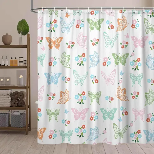 Vista 3 de Cortina de ducha con diseño de mariposas, diseño floral, moderna, femenina, para baño, accesorios de baño para niños con ganchos, 47 x 64 pulgadas