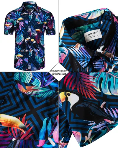 Vista 3 de TUNEVUSE Conjunto de camisas y pantalones cortos hawaianos para hombre, 2 piezas, trajes de playa con estampado de flores, traje tropical de verano