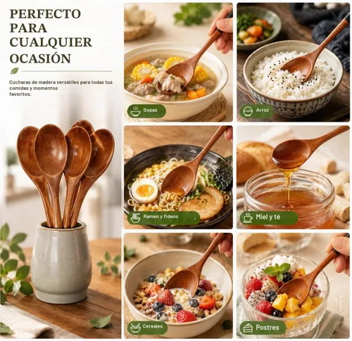 Vista 6 de 6 cucharas de madera para comer, cucharas de sopa de madera Muulaii, cuchara de mango largo con utensilio de cocina de estilo japonés para comida