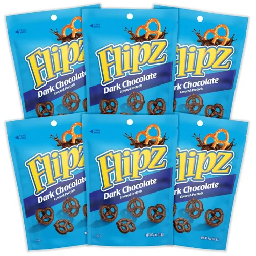 Vista 3 de Flipz Pretzels cubiertos de chocolate oscuro (4 onzas, paquete de 6), aperitivo perfecto dulce, salado y crujiente para adultos y niños
