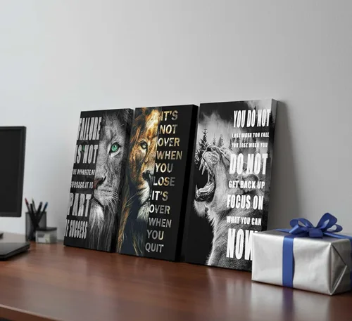Vista 8 de 3 Piezas de Arte de Pared Inspirador para Oficina, Lienzo Moderno con Citas Motivacionales, Imágenes en Blanco y Negro de León, Decoración de Pared