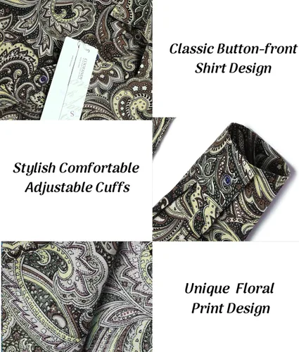 Vista 4 de Coofandy Camisa de manga larga de algodón con estampado floral, informal, retro, con botones