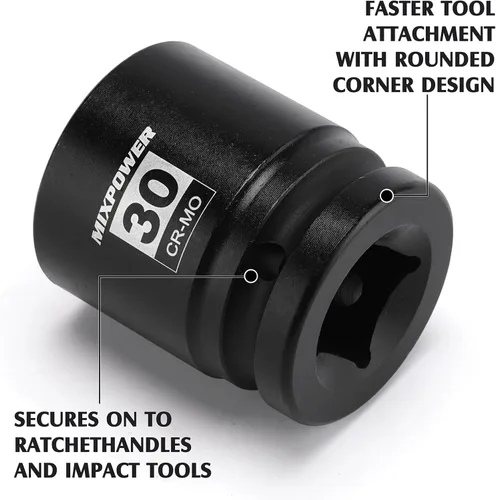 Vista 4 de MIXPOWER Zócalo de impacto poco profundo de 3/4", 1.181 in, CR-MO, métrico, 6 puntos, tuerca de eje de grado de impacto para una fácil extracción