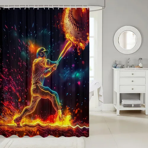 Vista 70 de Decorative White Baseball Shower Curtain Waterproof Polyester Fabric,Red Baseball Bat Bath Curtain Home Bathroom Decor Hanging Curtain with Hooks 72