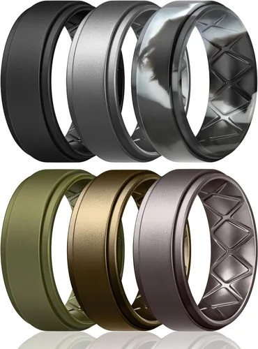 Vista 8 de Egnaro - Anillos de boda de silicona con borde escalonado para hombres con diseño de arco en el interior, 7, 4 y 1 anillo, cómodos para entrenar