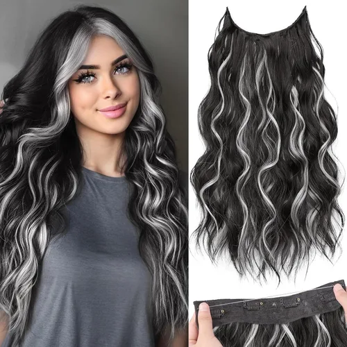 Vista 30 de KooKaStyle - Extensiones de cabello con hilo invisible, diadema transparente, ajustables, 4 clips fijadores, cabello largo y ondulado de 12