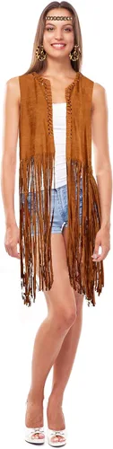 Vista 7 de Conjunto hippie de 4 piezas para mujer chaleco de pelo sintético con flequillos de ante