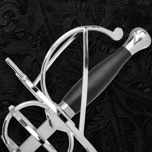 Vista 4 de Espada de estoque de duelo plateado, hoja de acero inoxidable de 36.5 pulgadas, ABS y mango de metal, protector de cesta, reproducción histórica
