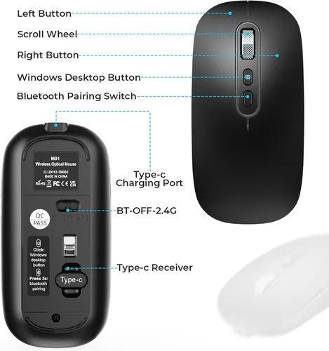 Vista 7 de RaceGT Ratón inalámbrico USB C, mouse recargable de modo dual (tipo C y Bluetooth), ratones Bluetooth silenciosos para MacBook Air/Pro, ratones