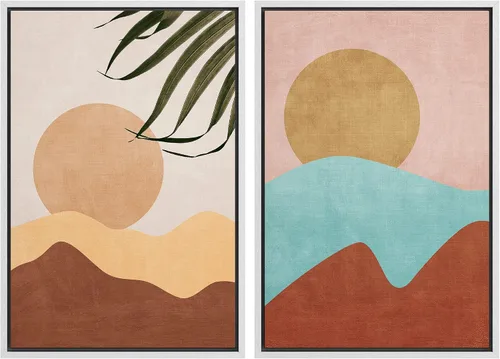 Vista 91 de SIGNFORD Lienzo enmarcado para pared, juego de arte geométrico retro de mediados de siglo, plantas forestales, ilustraciones con formas abstractas