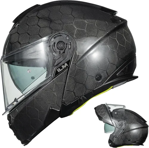 Vista 9 de ILM - Cascos modulares de fibra de carbono para motocicleta de cara completa, aprobados por DOT y ECE MF529F (Negro carbón, M)