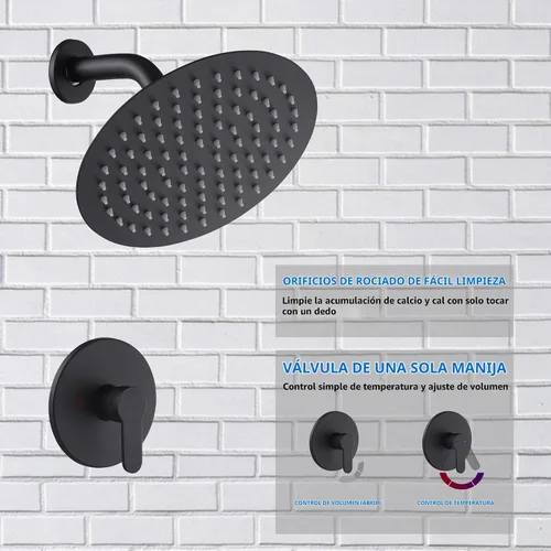 Vista 4 de Cabezal de regadera de color negro mate con una sola función, kit de ajuste de regadera con válvula de paso, sistema completo de llave de regadera