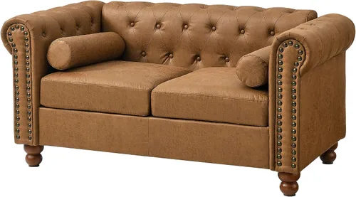 Vista 2 de Sofá de dos plazas de cuero aireado capitonado, sofá de brazo enrollado con adornos de cabeza de clavo y 2 almohadas de cuello enrollado, decoración