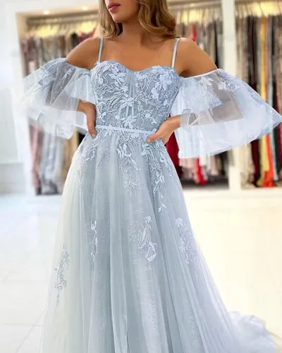 Vista 4 de hytio Vestido de noche formal con apliques de encaje para mujer, con hombros descubiertos, tul hasta el suelo, tirantes delgados, vestido de noche