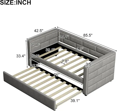 Vista 2 de Bellemave Sofá cama tapizada, sofá cama de tamaño individual con nido, sofá cama nido enrollable, sofá cama tapizada con respaldo acolchado (gris)
