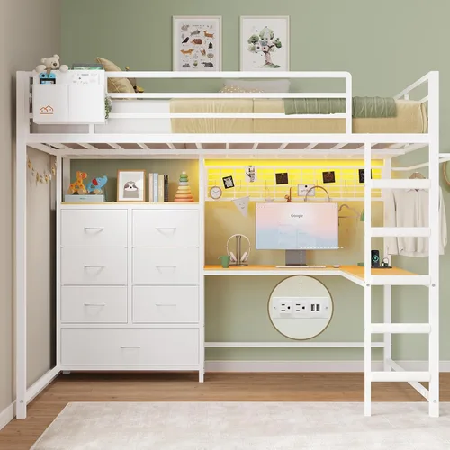 Vista 11 de DICTAC Cama alta individual con escritorio en forma de L y 7 cajones de almacenamiento, cama alta de metal tamaño individual para niños con luces