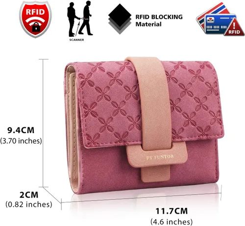 Vista 6 de FT Funtor Carteras RFID para mujer, billetera triple para mujer con bolsillo con cremallera para monedas, de cuero vegano, monedas, bolsillo