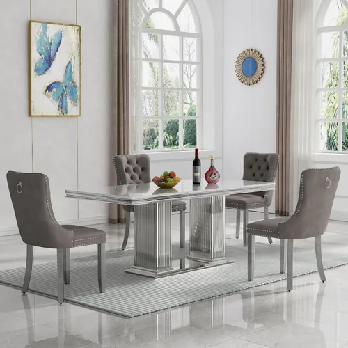 Vista 75 de Juego de mesa de comedor de 5 piezas para 4, mesa de cocina de mármol negro de 68 pulgadas con 4 sillas beige, mesa de comedor rectangular moderna