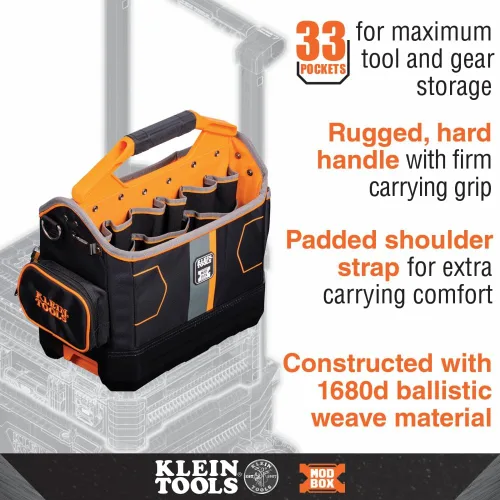 Vista 3 de Klein Tools MODbox - Bolsa de herramientas con 33 bolsillos y accesorio de riel para portavasos para estación de trabajo móvil personalizada